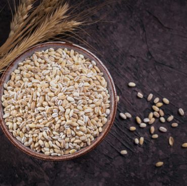 Organic uncooked dried barley cereal grain in a bowl with ears of wheat on white wooden background. Healthy and diet food concept.
